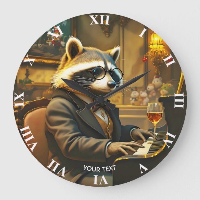 Fantasy Cute Piano Racoon Playing Large Clock (Front)