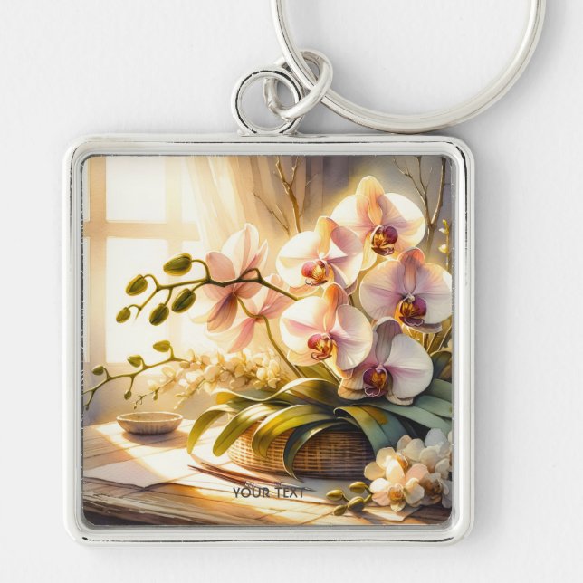 Fantasy Cute Pink Orchids Watercolor Key Ring (Front)