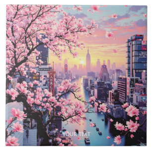 Fantasy Cute Pink Sakura City Tile