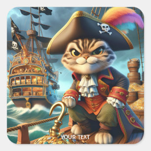Fantasy Cute Pirate Cat Ship Square Sticker