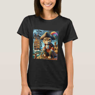 Fantasy Cute Pirate Cat Ship T-Shirt