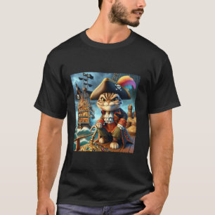 Fantasy Cute Pirate Cat Ship T-Shirt