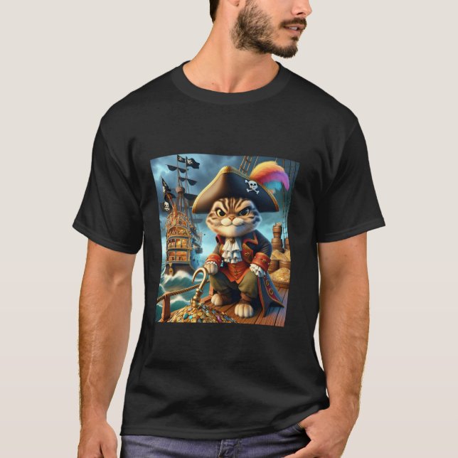 Fantasy Cute Pirate Cat Ship T-Shirt (Front)