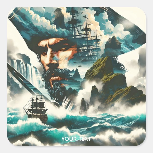Fantasy Cute Pirate Ship Ocean Square Sticker (Front)