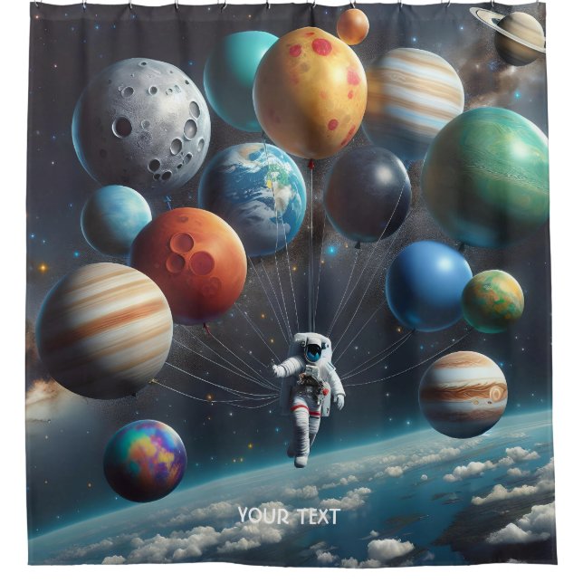 Fantasy Cute Planets Space Astronaut Shower Curtain (Front)