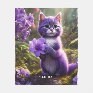 Fantasy Cute Purple Kitten Flower Fleece Blanket
