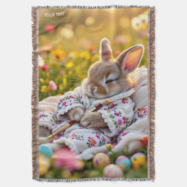Fantasy Cute Rabbit Painter Flowers Throw Blanket (Front Vertical)