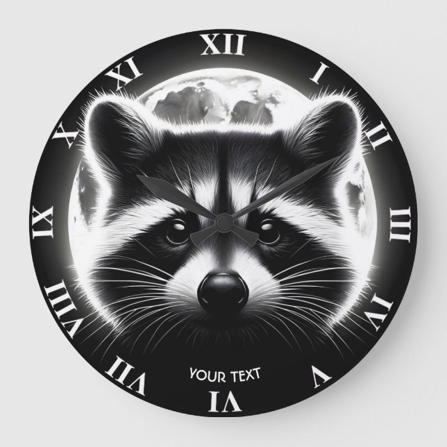Fantasy Cute Racoon Face Moon Large Clock (Front)