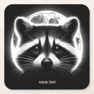 Fantasy Cute Racoon Face Moon Square Paper Coaster