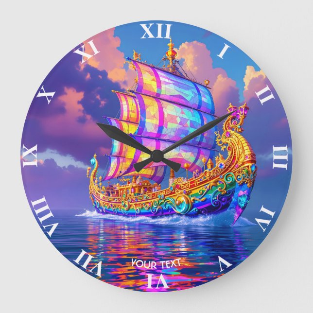 Fantasy Cute Rainbow Colours Ship Large Clock (Front)
