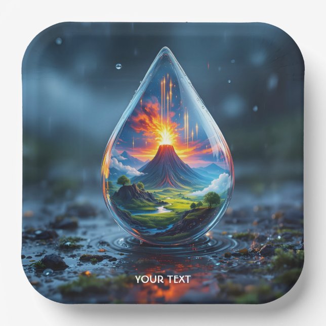 Fantasy Cute Raindrop Volcano Landscape Paper Plate (Front)