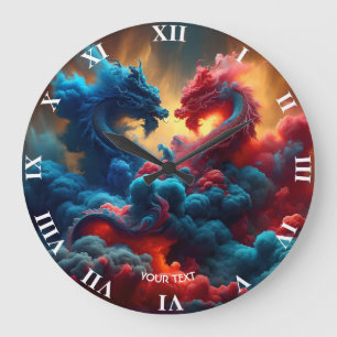 Fantasy Cute Red Blue Dragons Large Clock