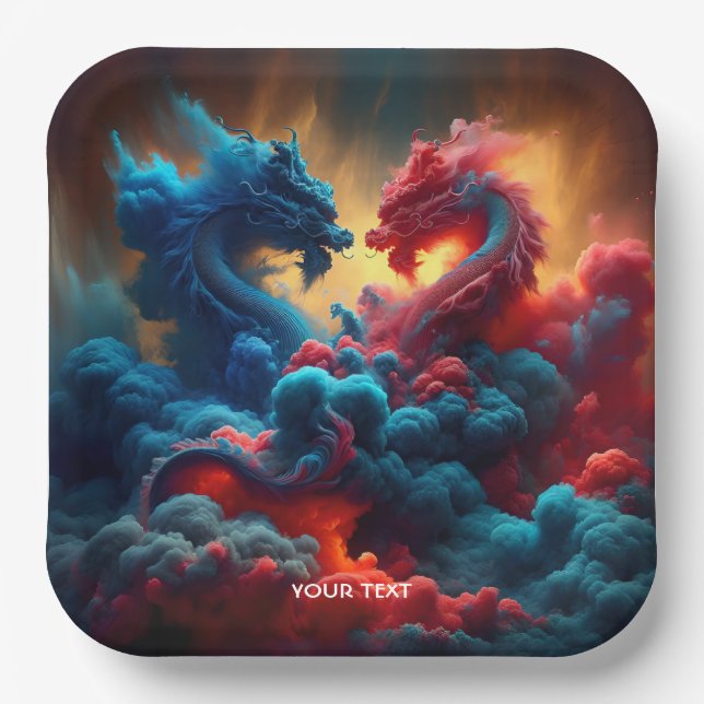 Fantasy Cute Red Blue Dragons Paper Plate (Front)
