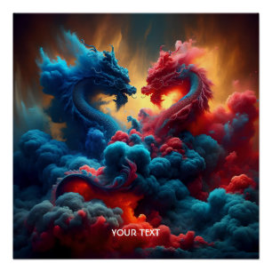 Fantasy Cute Red Blue Dragons Poster