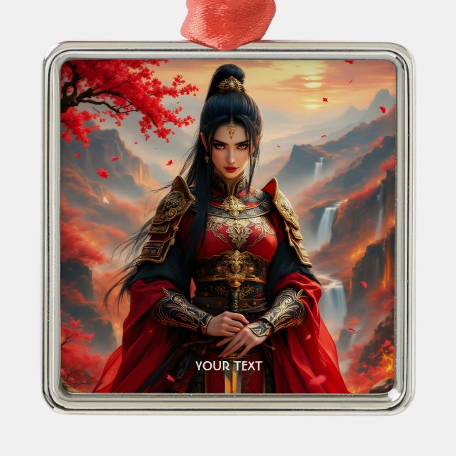 Fantasy Cute Red Female Samurai Metal Tree Decoration (Front)