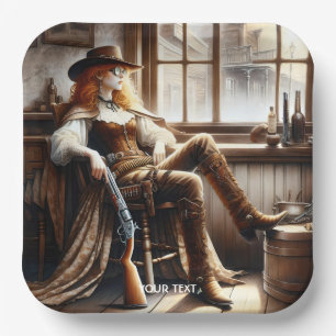 Fantasy Cute Red Hair Cowgirl Paper Plate