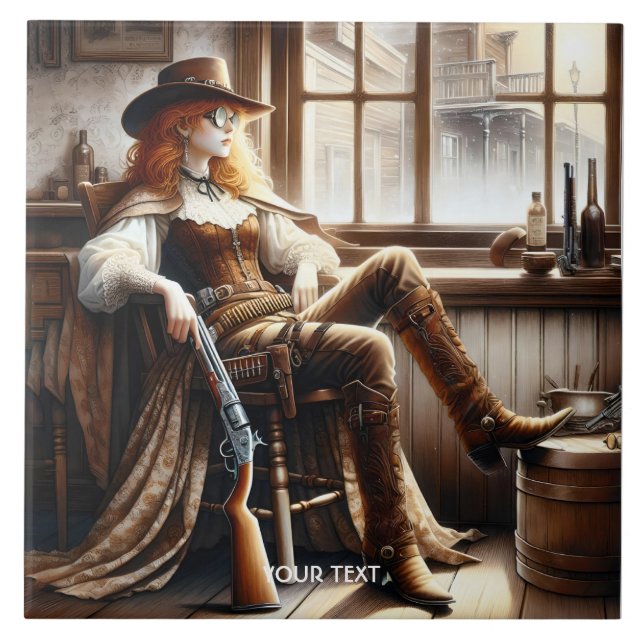 Fantasy Cute Red Hair Cowgirl Tile (Front)