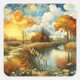 Fantasy Cute River Clouds Bridge Square Sticker