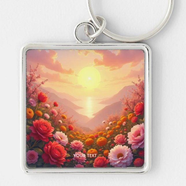 Fantasy Cute River Flowers Sunset Key Ring (Front)