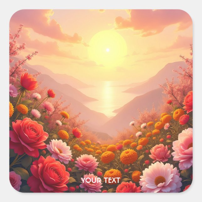Fantasy Cute River Flowers Sunset Square Sticker (Front)