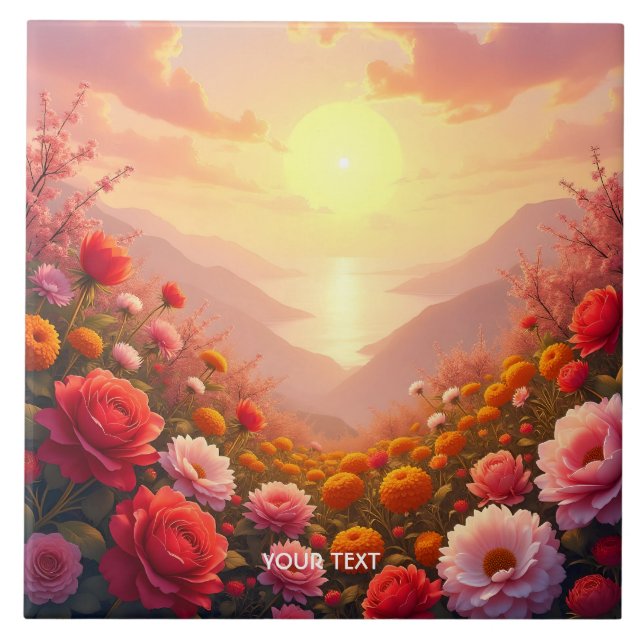 Fantasy Cute River Flowers Sunset Tile (Front)