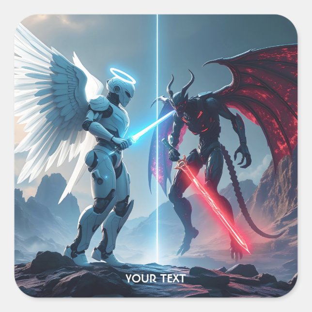 Fantasy Cute Robot Demon Fighting Square Sticker (Front)