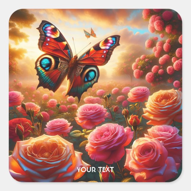 Fantasy Cute Roses Butterfly Flowers Square Sticker (Front)