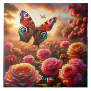 Fantasy Cute Roses Butterfly Flowers Tile