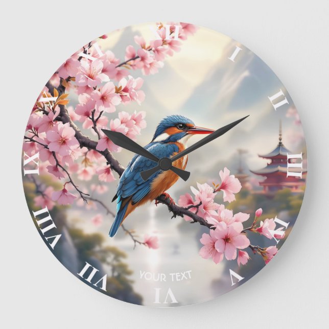 Fantasy Cute Sakura Bird Blue Large Clock (Front)