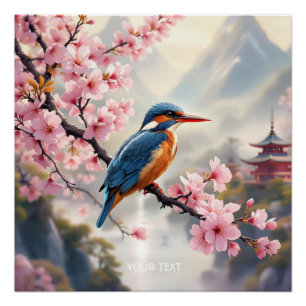 Fantasy Cute Sakura Bird Blue Poster