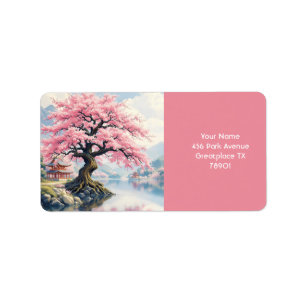 Fantasy Cute Sakura Temples Lake Label