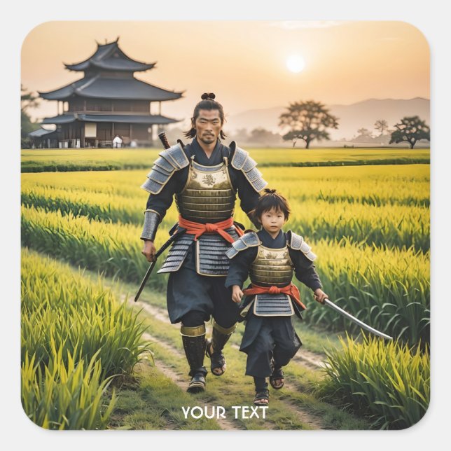Fantasy Cute Samurai And His Kid Square Sticker (Front)