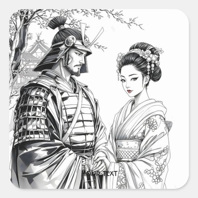 Fantasy Cute Samurai Geisha Pencil Square Sticker (Front)