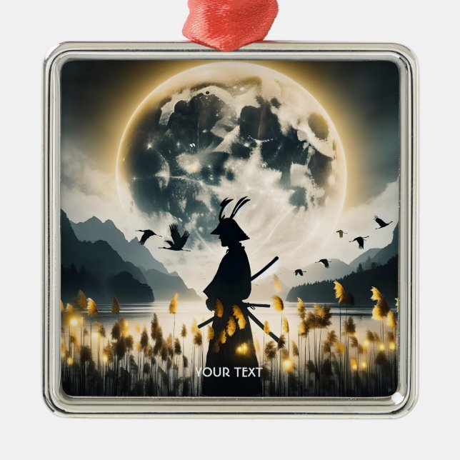 Fantasy Cute Samurai Reeds Moon Metal Tree Decoration (Front)