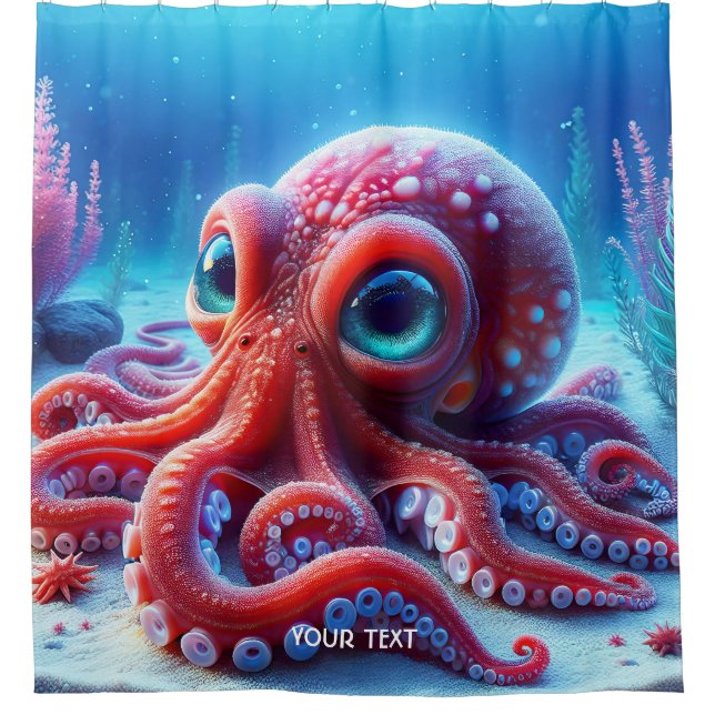 Fantasy Cute Sea Red Octopus Shower Curtain (Front)