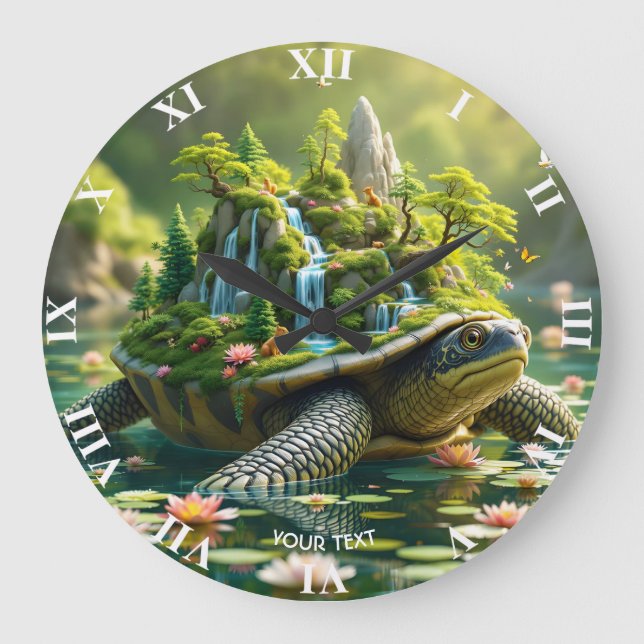 Fantasy Cute Serene Turtle Shell Large Clock (Front)