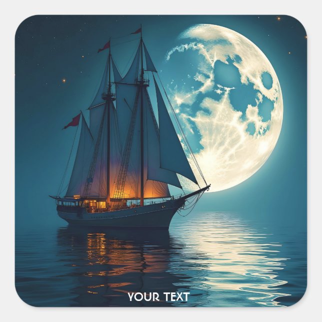 Fantasy Cute Ship Night Moon Square Sticker (Front)