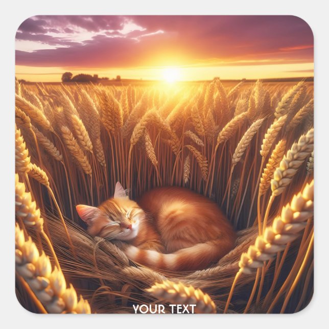 Fantasy Cute Sleeping Cat Wheat Square Sticker (Front)