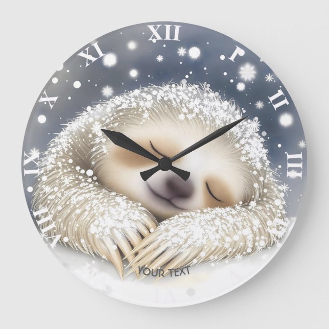 Fantasy Cute Sleeping Sloth Snow Large Clock (Front)