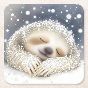 Fantasy Cute Sleeping Sloth Snow Square Paper Coaster