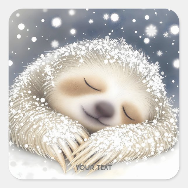 Fantasy Cute Sleeping Sloth Snow Square Sticker (Front)