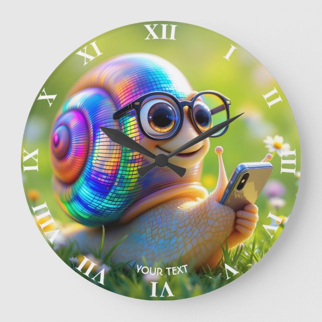 Fantasy Cute Snail Phone Flowers Large Clock (Front)