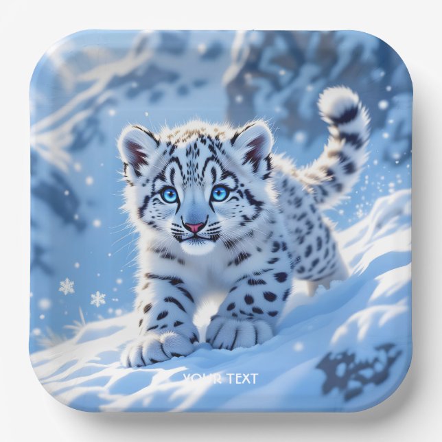 Fantasy Cute Snow Baby Leopard Paper Plate (Front)