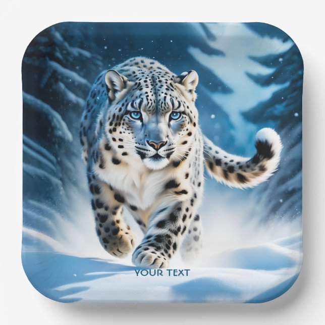Fantasy Cute Snow Leopard Running Paper Plate (Front)