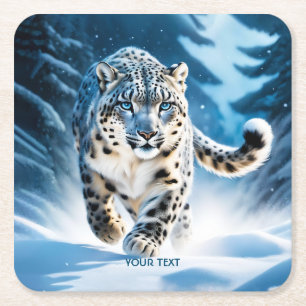 Fantasy Cute Snow Leopard Running Square Paper Coaster