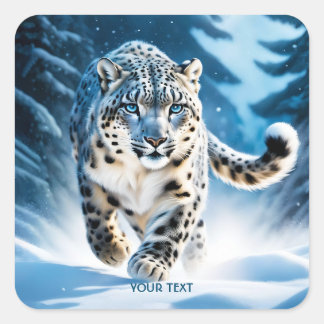 Fantasy Cute Snow Leopard Running Square Sticker