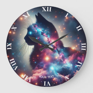 Fantasy Cute Space Cat Stars Large Clock