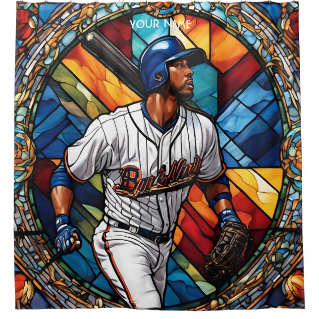 Fantasy Cute Stained Glass Baseball Shower Curtain (Front)