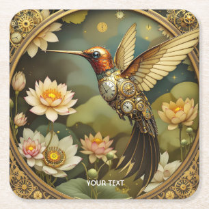 Fantasy Cute Steampunk Bird Clock Square Paper Coaster