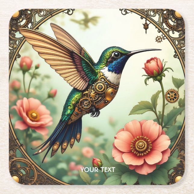 Fantasy Cute Steampunk Bird Flowers Square Paper Coaster (Front)